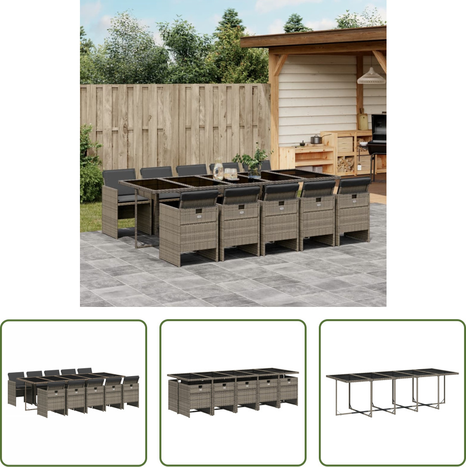 The Living Store 11-dielny záhradný jedálenský set s vankúšmi sivý polyratan