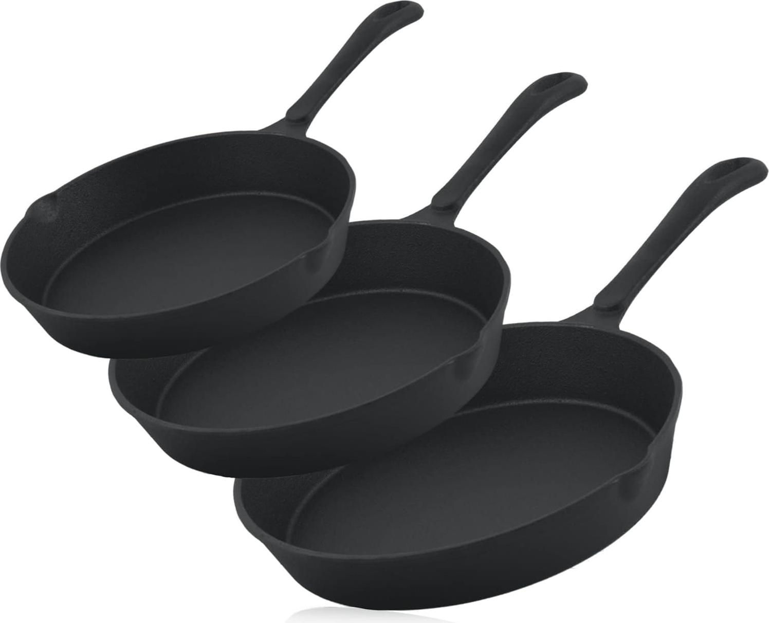 Markenlos 3-teilige Gusseisen Brat- und Steakpfannenset, Ø 16 cm, Ø 20 cm, Ø 24 cm, Gusseisenpfanne, Grillbratpfanne, Bratpfanne, Steakpfanne, Fleischpfanne, Pfannenset, Gusseisenpfannenset