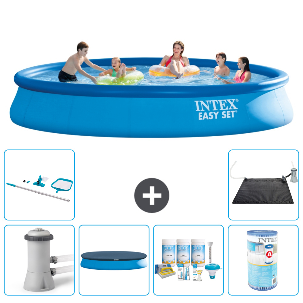 Intex okrúhly nafukovací bazén Easy Set - 457 x 84 cm - modrý - vrátane krytu čerpadla - balík na údržbu - filter - čistiaca súprava - solárna podložka