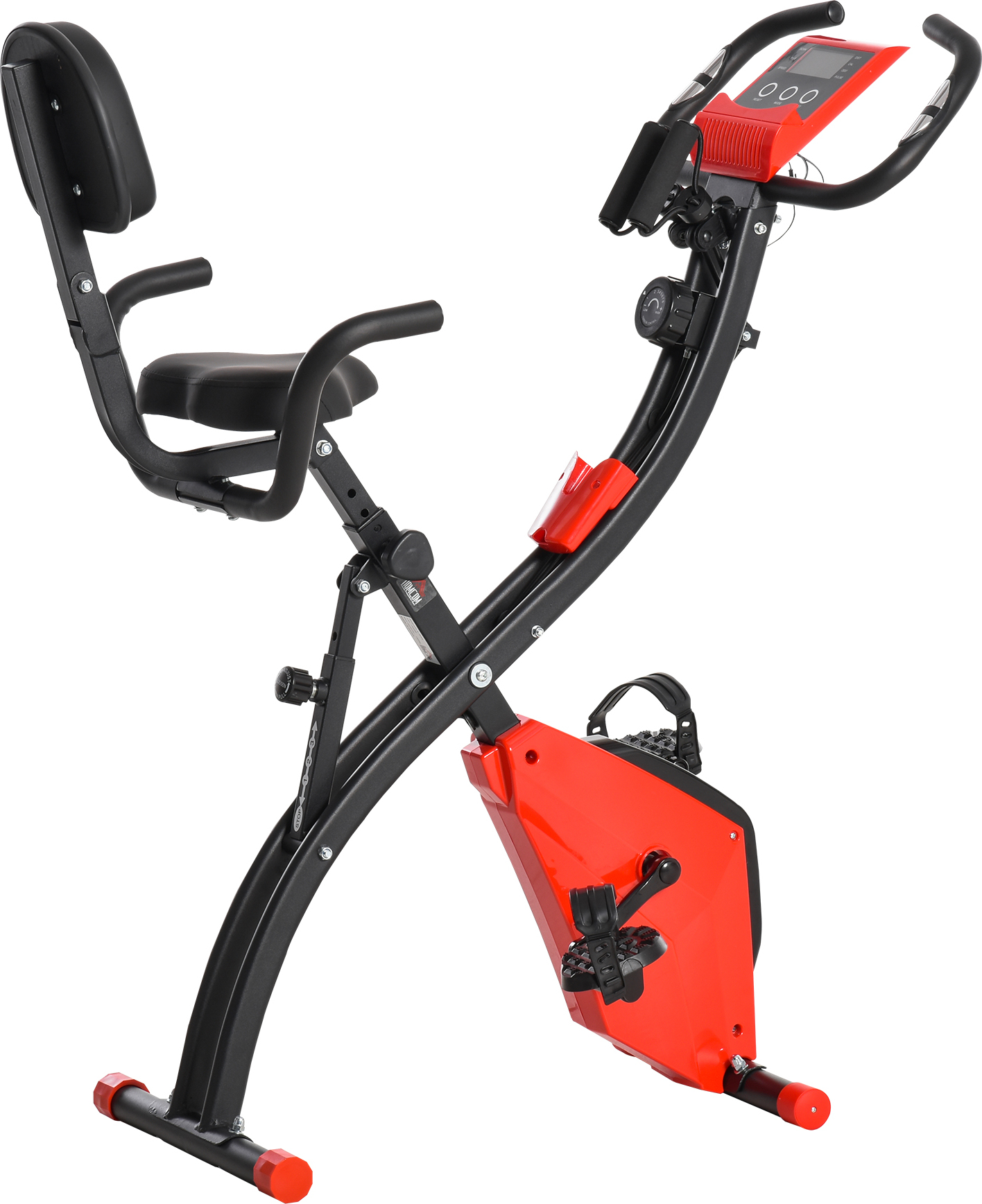 HOMCOM Cvičebný bicykel 2 v 1 Cyklistický trenažér LCD displej Skladací cvičebný bicykel Trim bike s 8 úrovňami nastaviteľného magnetického odporu a 1 párom napínacích lán Oceľová červená+čierna 97x51x115 cm