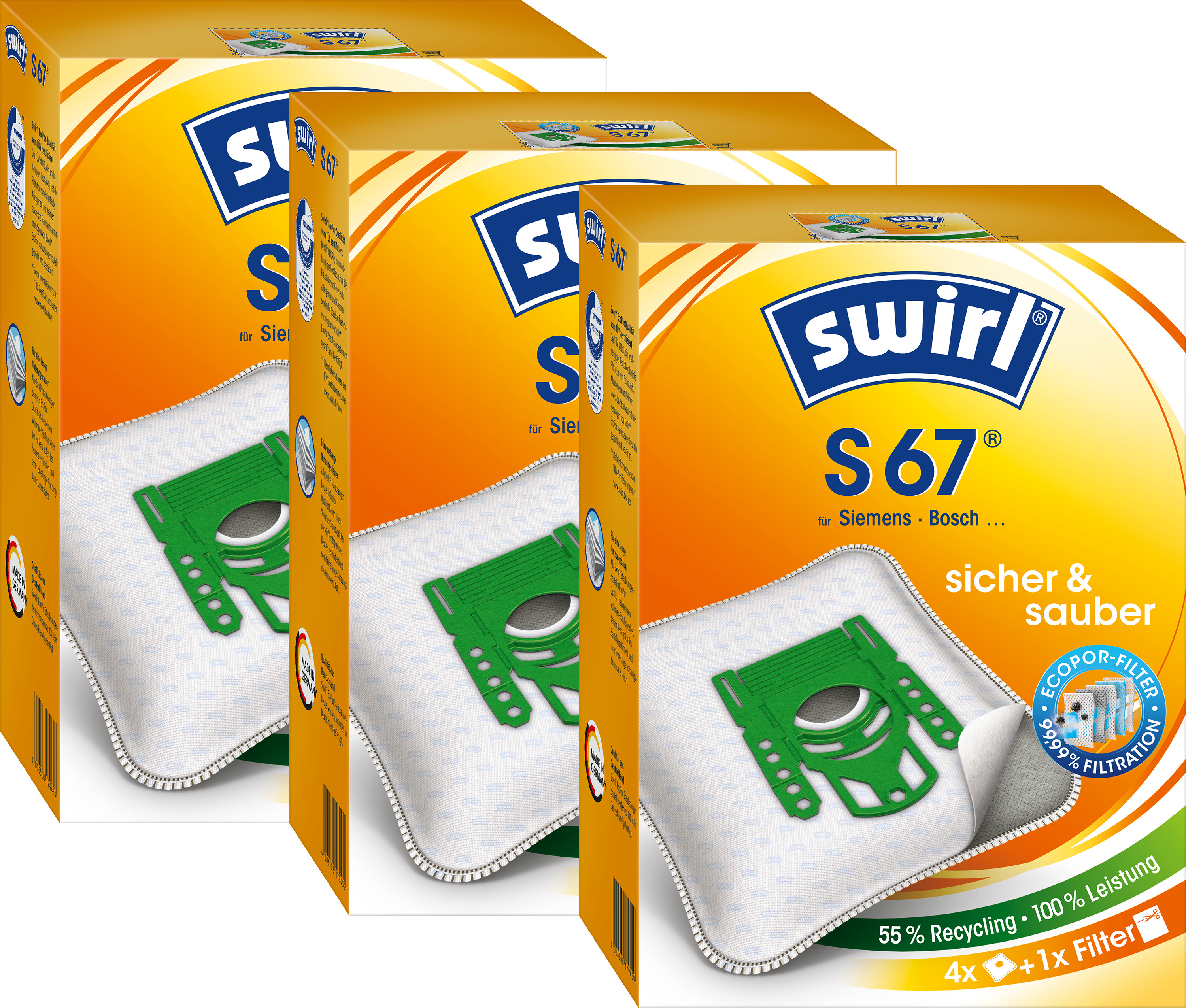 Melitta SWIRL Staubsaugerbeutel S 67 EcoPor für Siemens 3er-Pack 12 Beutel 3 Airfilter S67