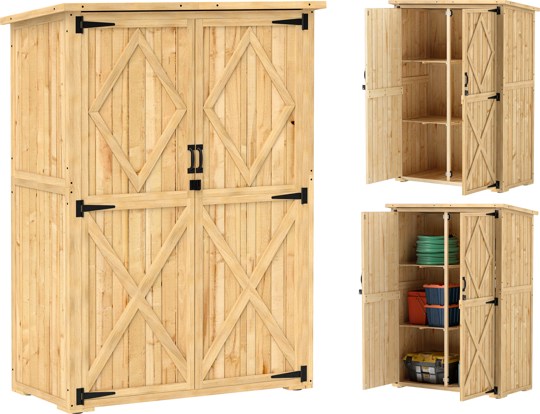 Outsunny záhradný prístrešok na drevo, prístrešok na náradie s uzamykateľnými dvojkrídlovými dverami s asfaltovou strechou pre záhradu, terasu, prírodné drevo