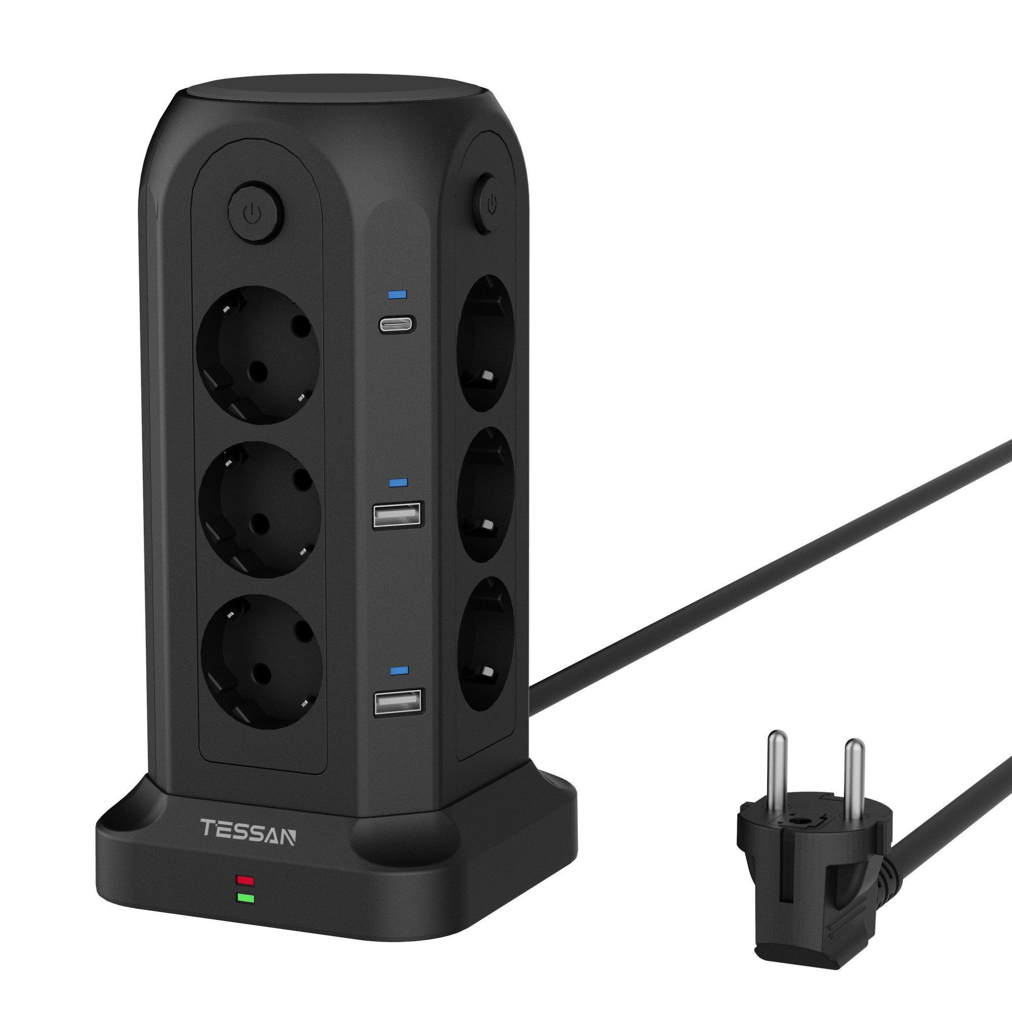 TESSAN 12 Fach Mehrfachsteckdose mit 6 USB(4 USB-A/2 USB-C) Kabel 2m Mehrfachsteckdose