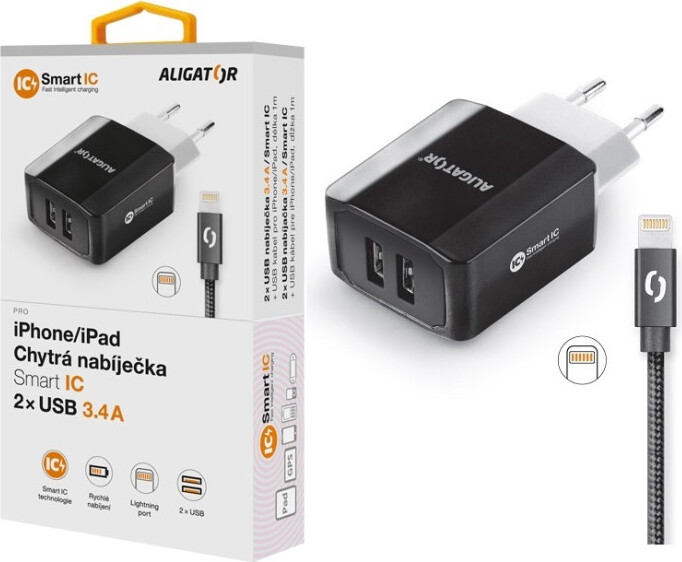Múdra sieťová nabíjačka ALIGATOR 3.4A, 2xUSB, smart IC, čierna, kábel pre iPhone/iPad 2A