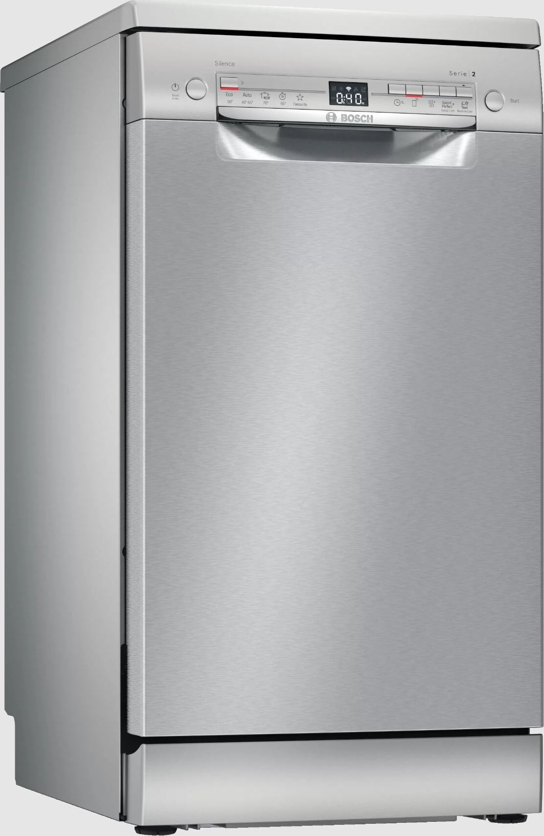 Bosch SPS2XMI01E Series 2 - Voľne stojaca umývačka riadu, F, 45 cm, nerezová oceľ, 84 kWh/100 cyklov, 10 MGD, SilencePlus, extra sušenie, VarioDrawer, Home Connect