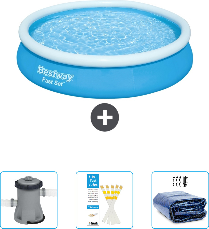Bestway okrúhly nafukovací bazén Fast-Set - 366 x 76 cm - modrý - obsahuje pumpu - testovacie prúžky - slnečnú plachtu