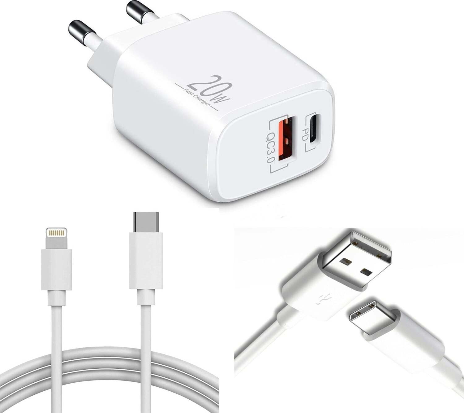 USB C nabíjačka USB napájanie rýchla nabíjačka nabíjačka mobilných telefónov rýchla nabíjačka USB-C + USB-A , dvojportová nabíjačka, rýchle nabíjanie pre iPhone, iPad, Samsung, Google Pixel, tablet a ďalšie - 1x USB Type-C 1x Type-C Lightning 2 metre