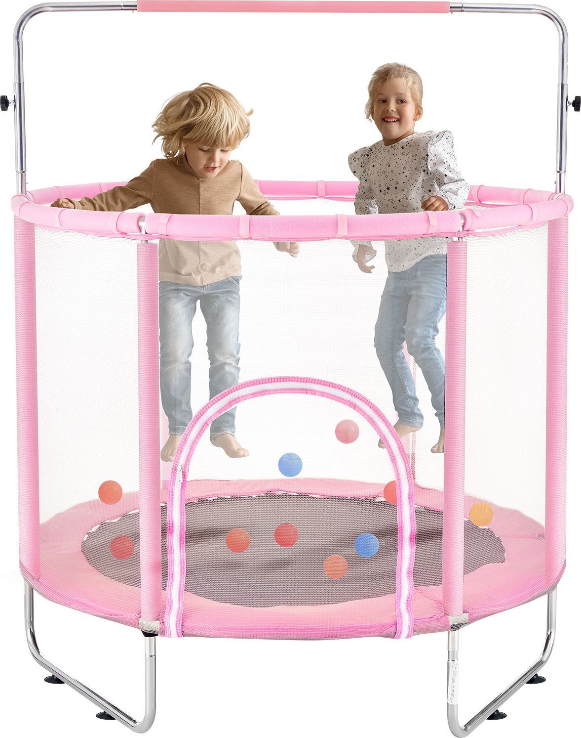 SucceBuy 55" detská trampolína, 4,6 metra vysoká vnútorná vonkajšia mini trampolína pre batoľatá s bezpečnostnou sieťou a basketbalovým košom, pre deti od 3 rokov, ružová