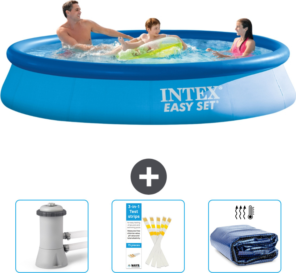 Intex okrúhly nafukovací bazén Easy-Set - 366 x 76 cm - modrý - obsahuje filtračné čerpadlo pre bazén - testovacie prúžky - slnečnú striešku
