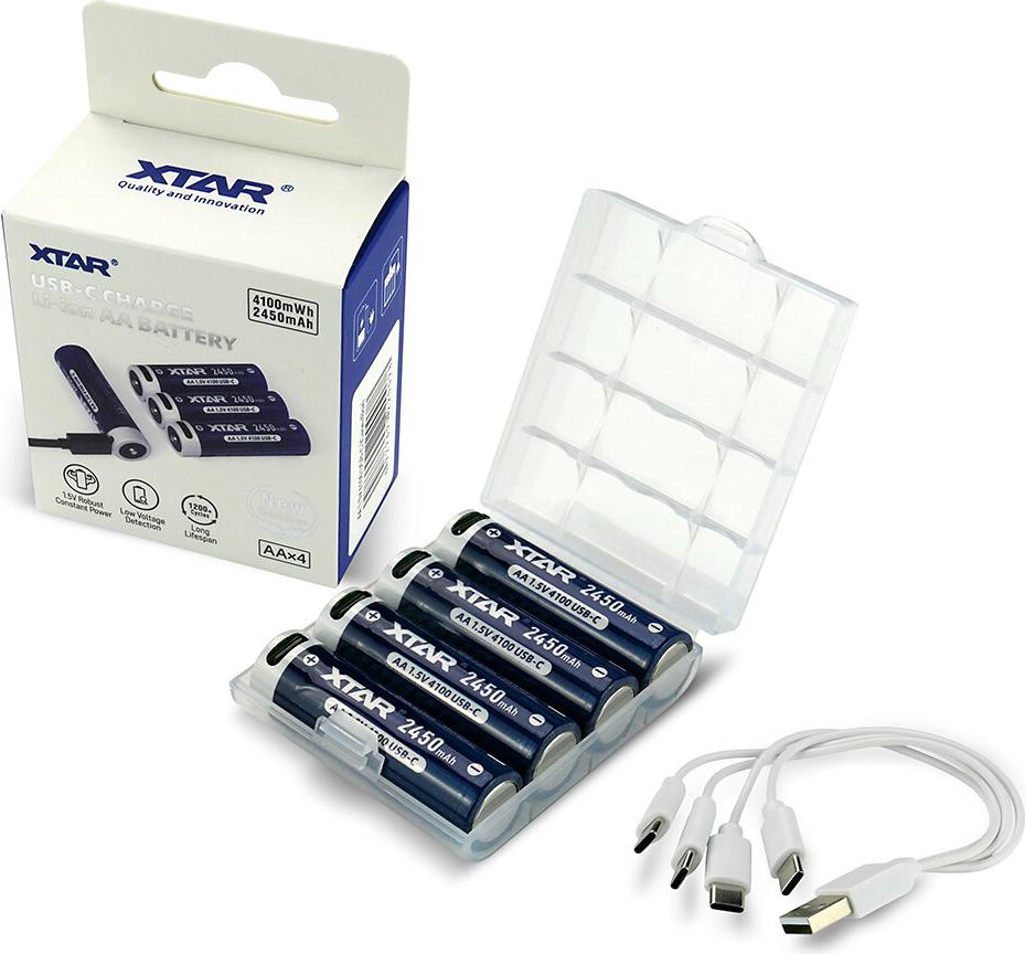4x XTAR AA 1,5V Li-Ionen Akku 2450mAh – USB-C – mit Konstante Spannung & Akkuwechselanzeige NEW-6500