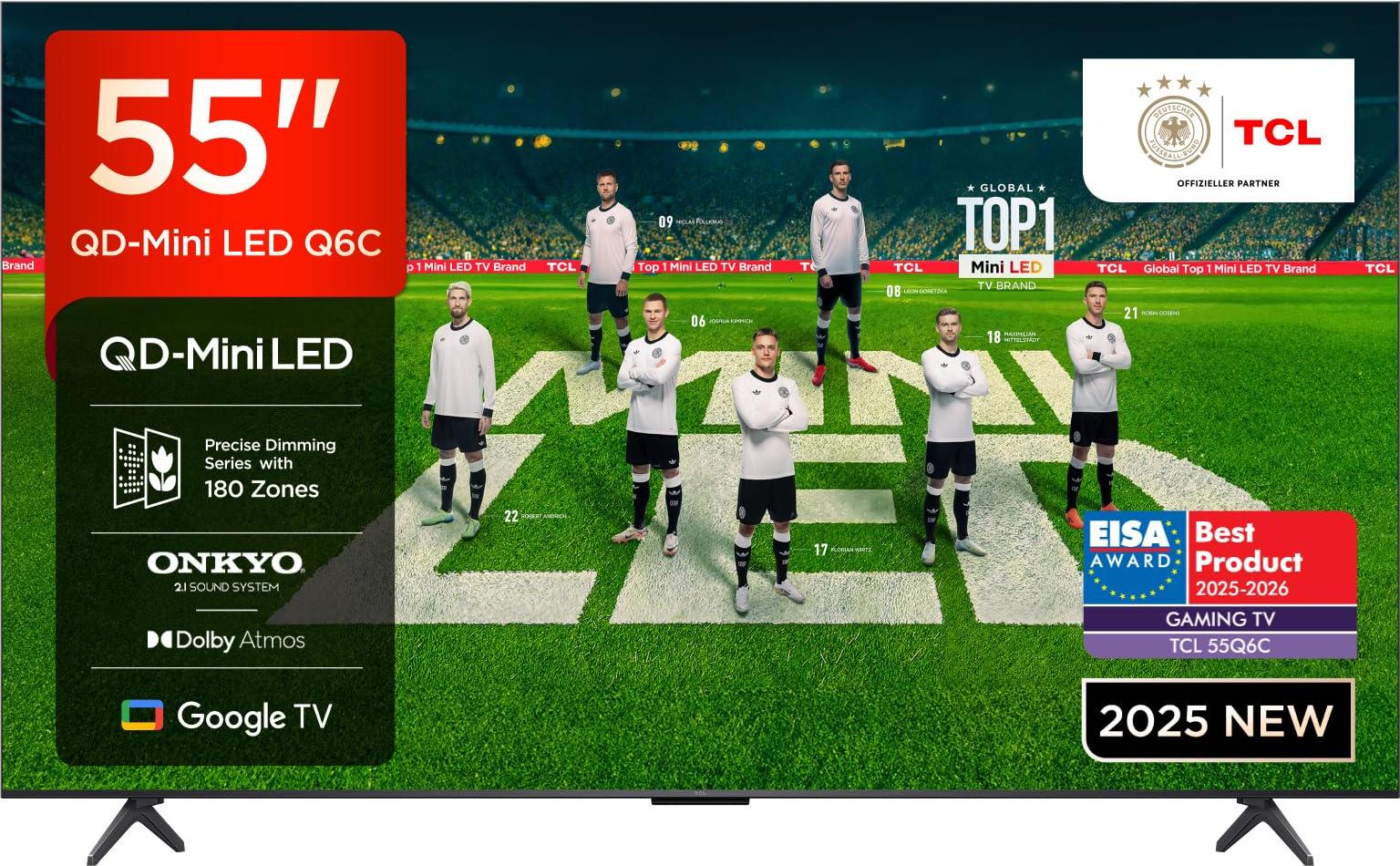 TCL 55 Zoll 55Q6C QLED Mini LED Fernseher, 4K HDR Premium, Dolby Vision IQ & Atmos, Onkyo 2.1, Smart Google TV, Game Master, 144Hz Motion Clarity Pro, AMD FreeSync Premium Pro, HDMI 2.1, AirPlay 2