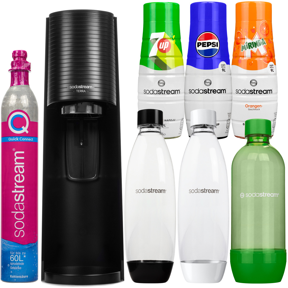 Výrobník sódy SodaStream Terra Black + 3 fľaše, čierna/zelená/biela + 3 sirupy (Pepsi, 7UP Mirinda)