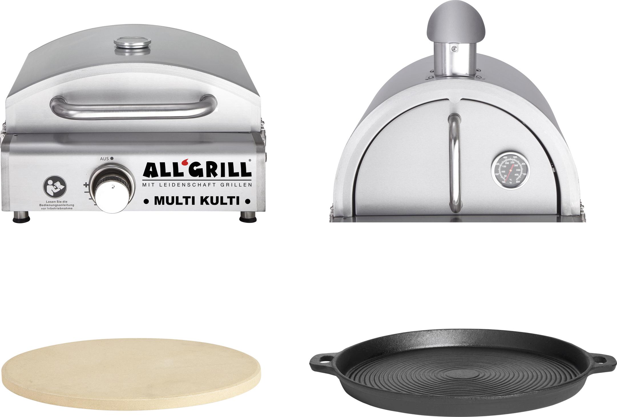 Allgrill MULTI-KULTI Set 4 ohňovzdorný - plynový gril + kryt na pizzu + kameň na pizzu + liatinová panvica