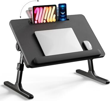 Laptop -Schreibtischbett, EWX -Betttischklappbeine, Tablettenschlitz, Lagerschublade, Silikon -Handgelenkspülpolster, faltbare Runde essen, arbeiten,