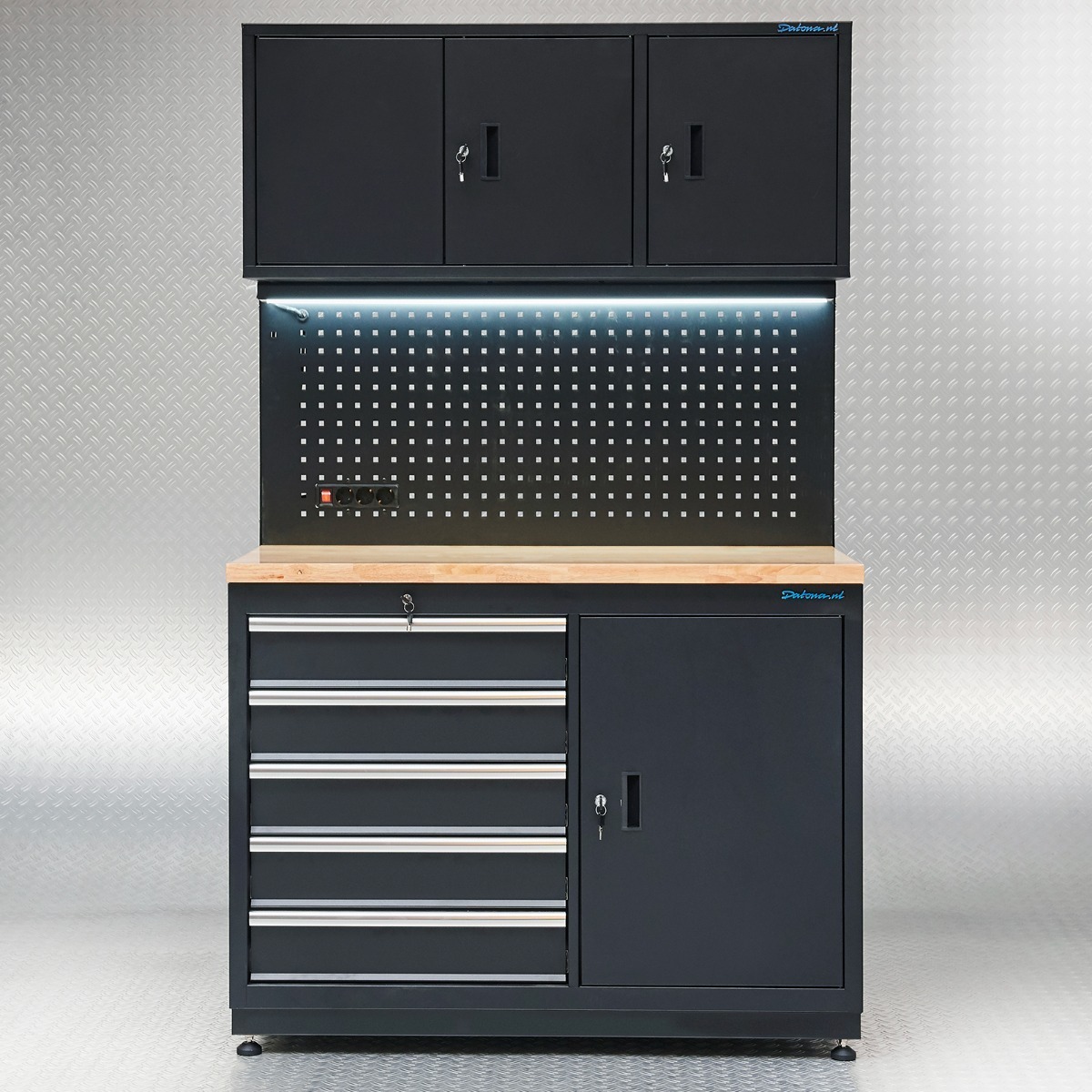 Datona Werkbank mit Oberschränken und Lochwand - 120 cm