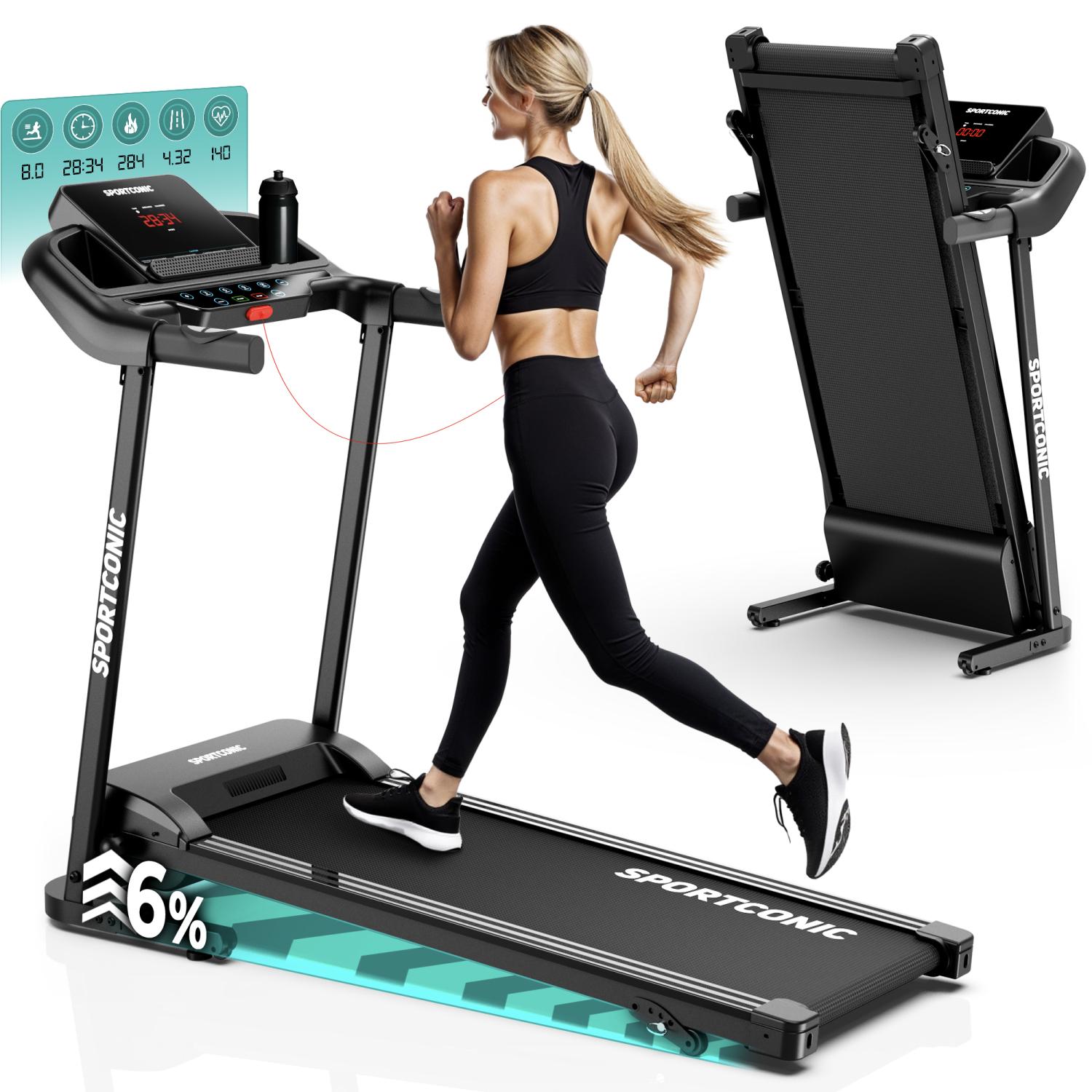 Sportconic skladací bežecký pás do 12 km/h s LED displejom, sklonom, 12 programami a meračom pulzu – tichý a univerzálny