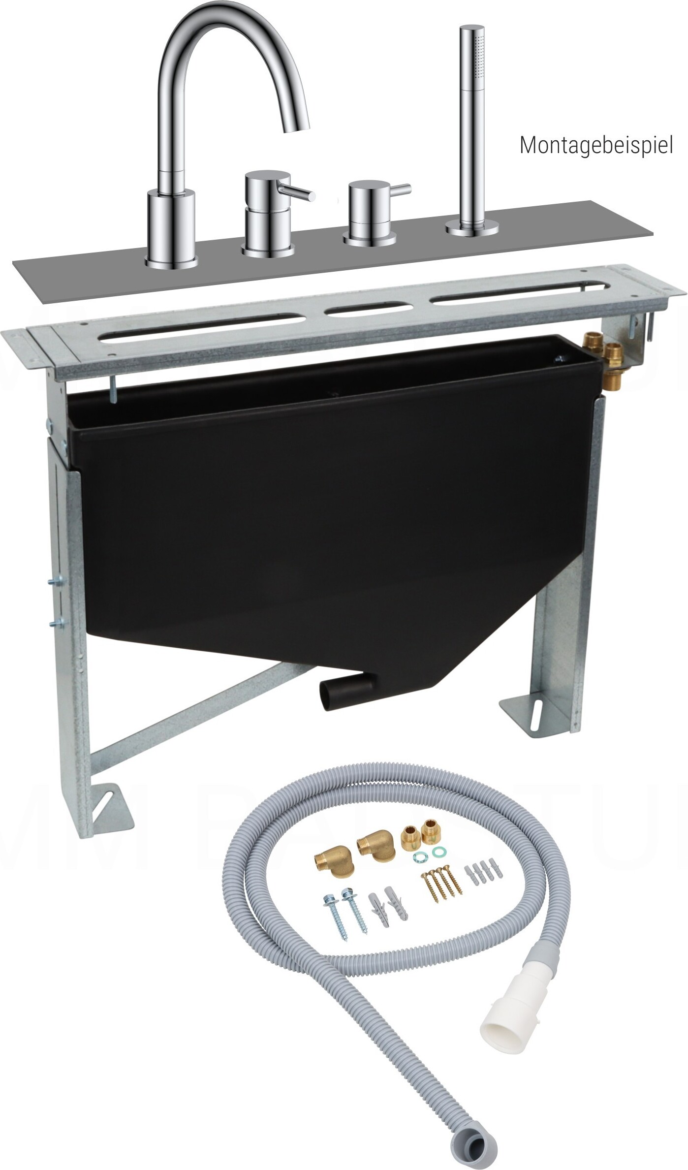 DEUSENFELD Wannenrand Montagesystem für 2, 3, 4 oder 5-Loch Wannenrandarmatur, stufenlos höhenverstellbar von 487 – 605mm Inkl. Trägerplatte, Schlauchkasten HWMGS487605