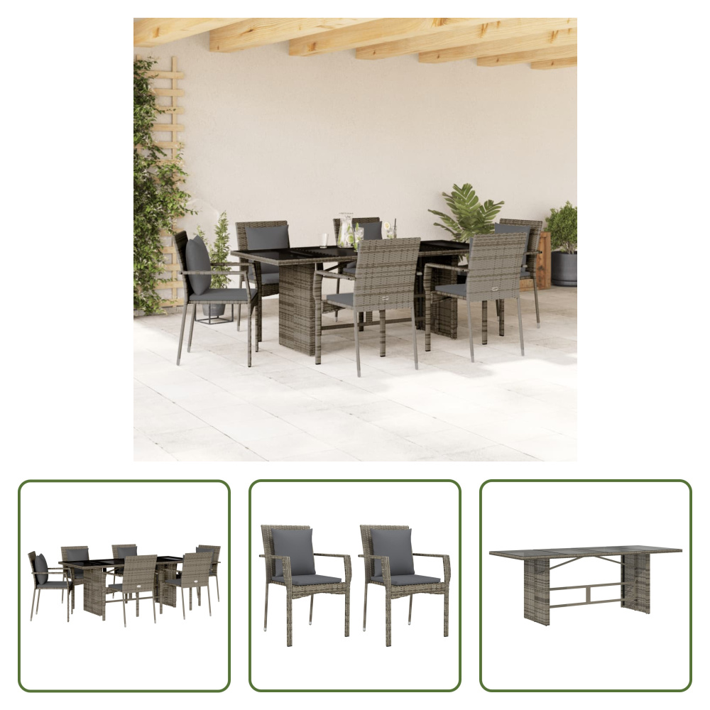 The Living Store 7-dielny záhradný jedálenský set s vankúšmi sivý polyratan