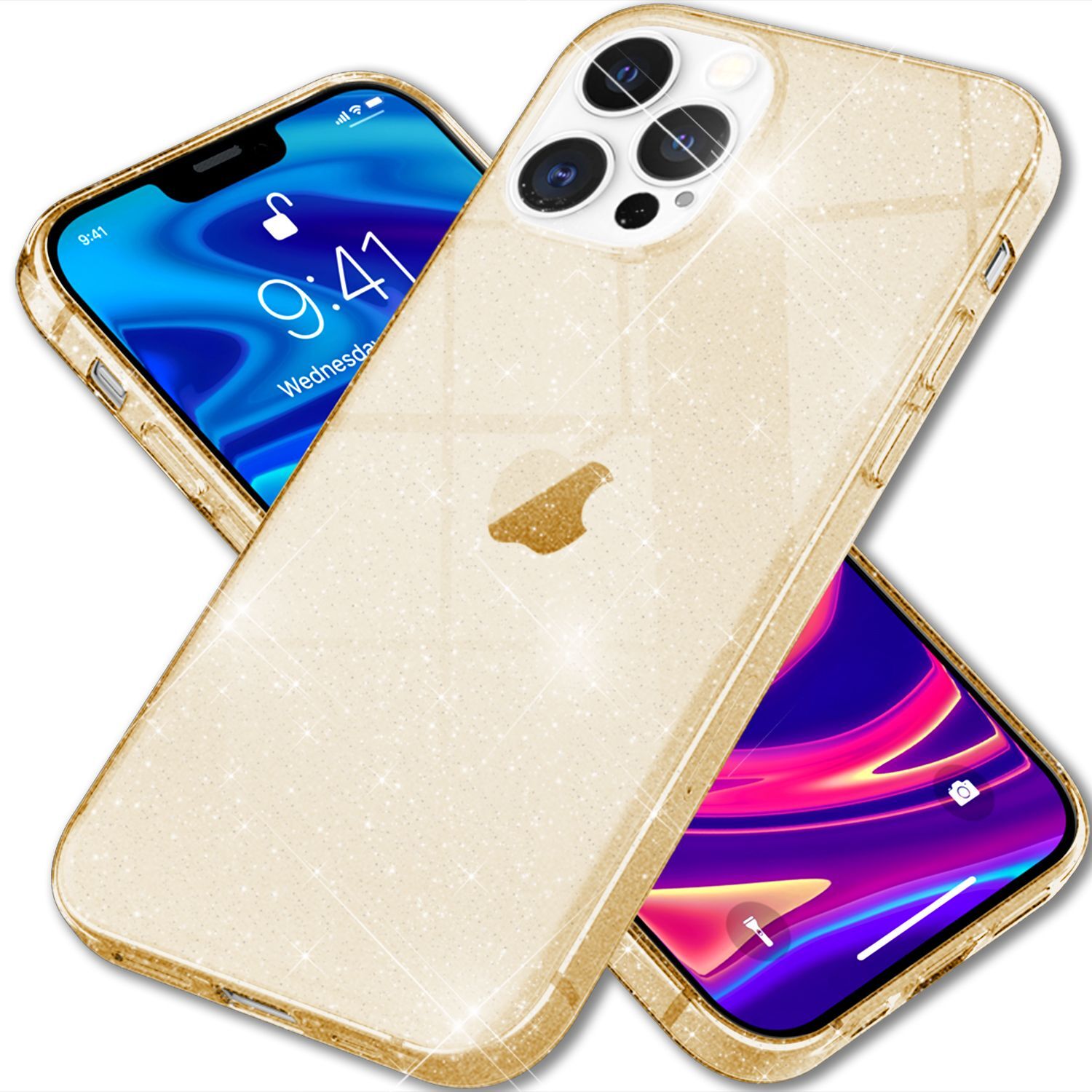 NALIA Custodia Glitter per iPhone 15 Pro - Cover Silicone Scintillante - DAZZLIN (Trasparente & Antiurto) - Marchio Tedesco, Colore:Gold Oro