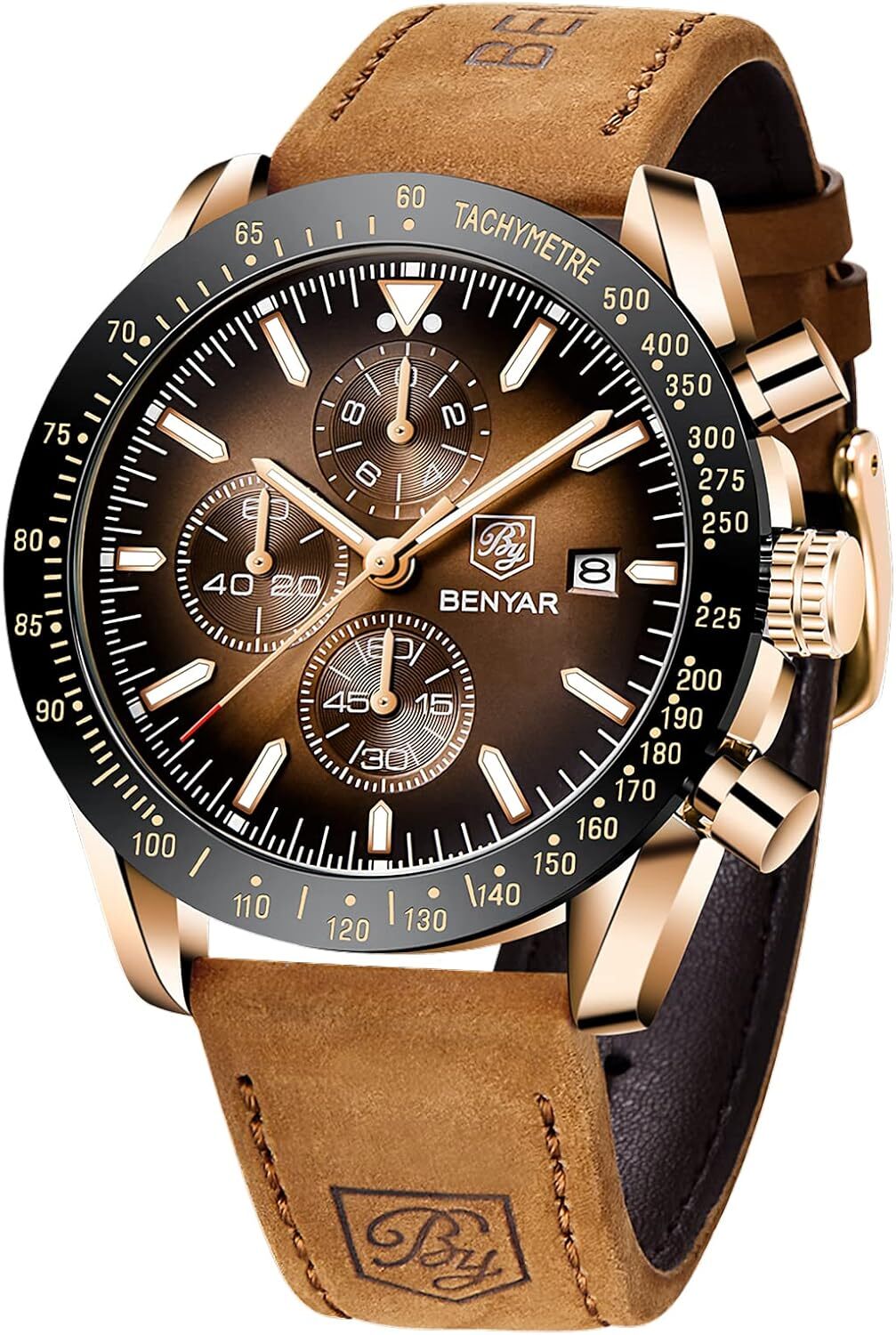 BENYAR für Männer, Lederarmband, Herrenmode Business Sport Design, 30M Wasserdicht Elegantes Chronograph Analog Quarz