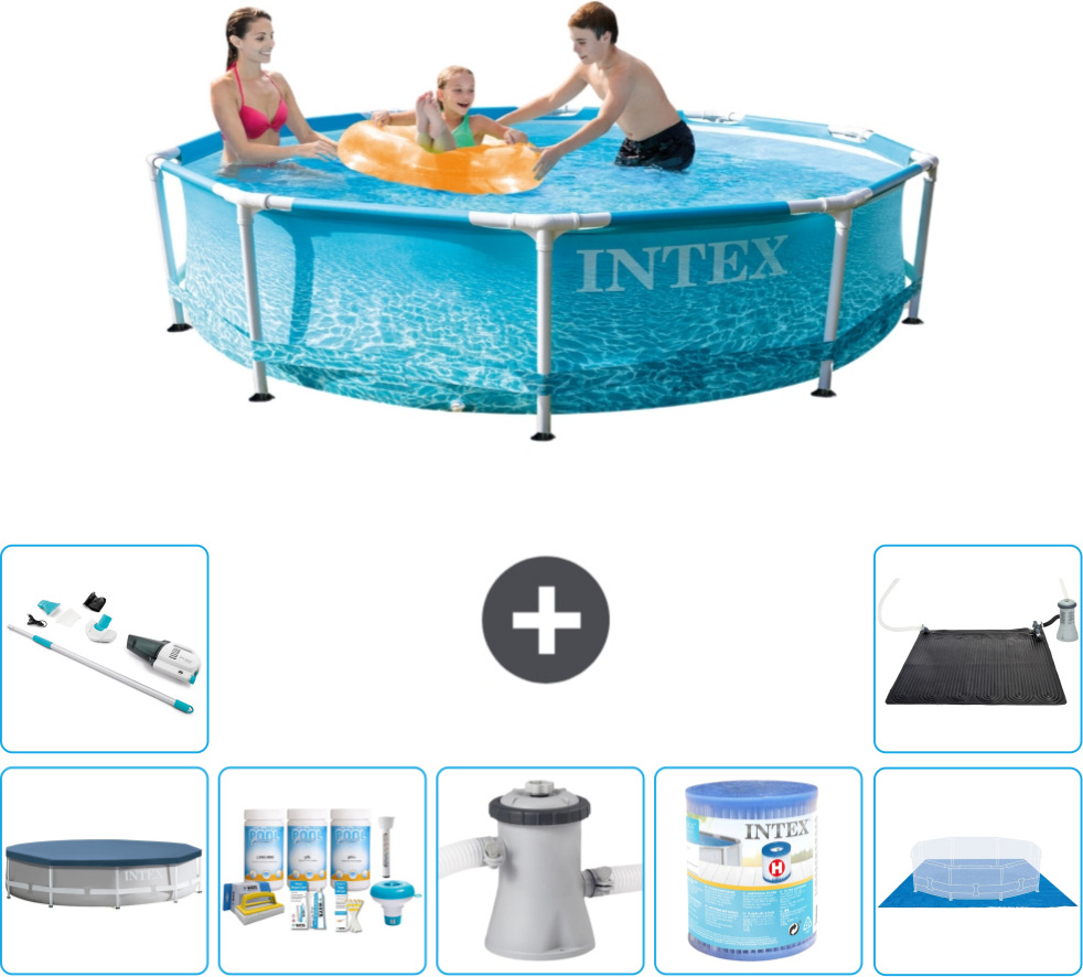 Bazén Intex s okrúhlym rámom - 305 x 76 cm - tlak vody - kryt v cene - balík na údržbu - filtračné čerpadlo pre bazén - filter - zemný kryt - vysávač