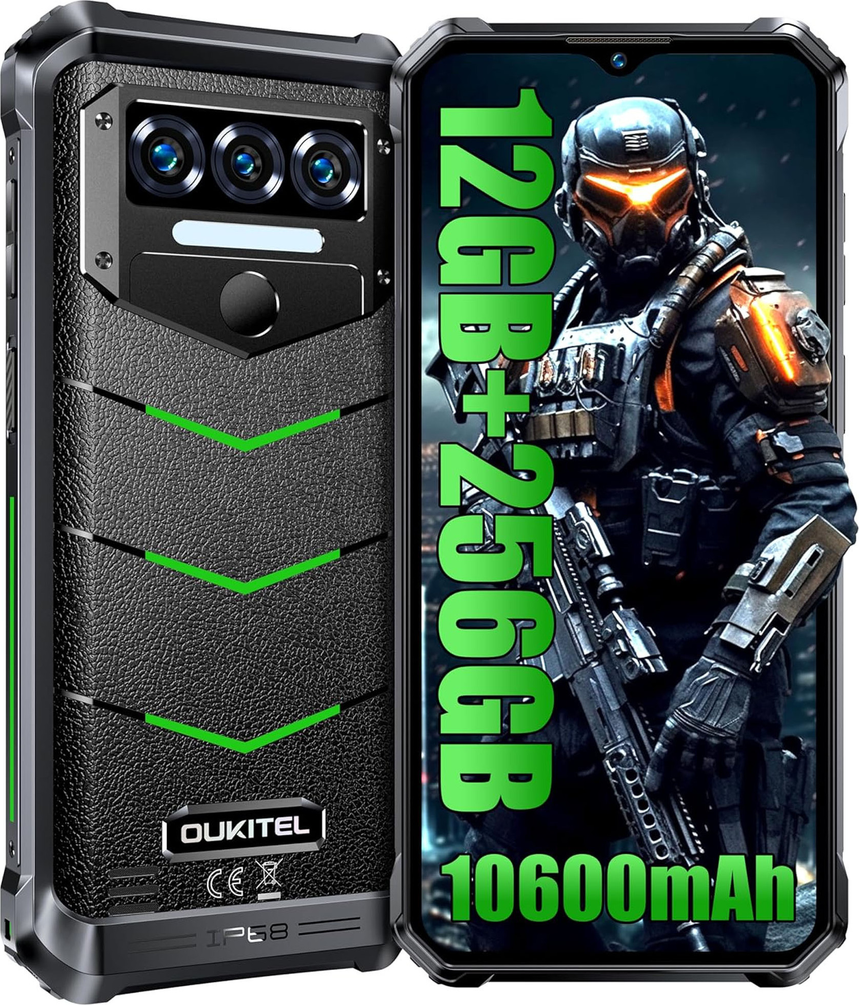 OUKITEL WP38 outdoorový mobilný telefón 12GB+256GB 10600mAh outdoorový smartfón bez zmluvy 6,52" Android 13 staveniskový mobilný telefón 4G Dual SIM IP68/NFC, zelený