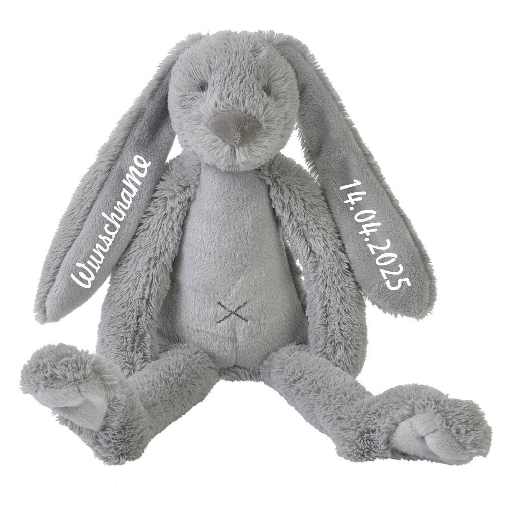 Elefantasie Stofftier Hase mit Namen und Geburtsdatum personalisiert Geschenk grau.Größe:30cm