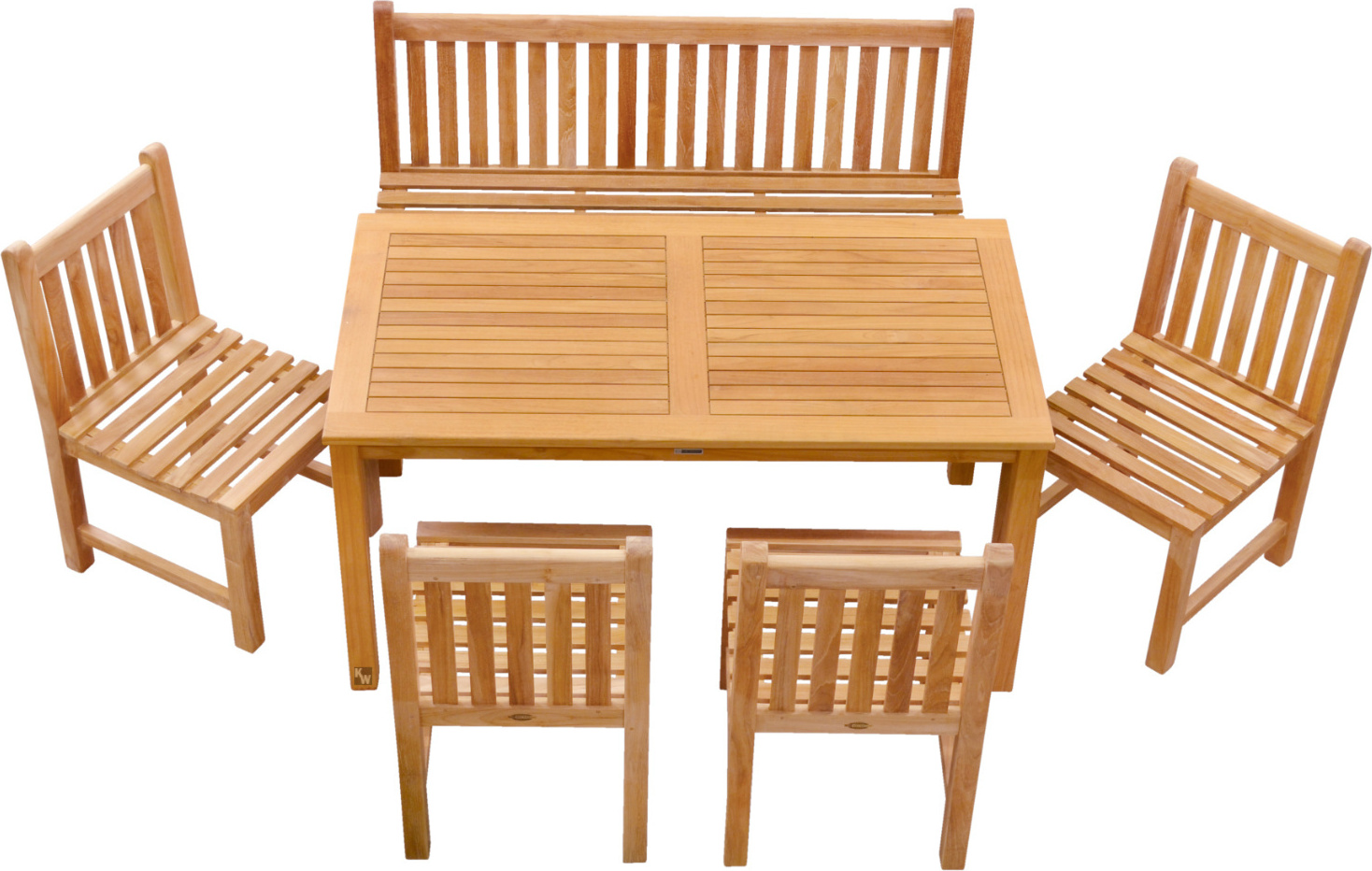 Garten-Essgruppen Teak Sitzgruppe aus 1 Bank 150 cm, 4 Sessel und 1 Tisch 150 x 80 cm modernes Teak-Set mit Sitzmöbeln ohne Armlehnen