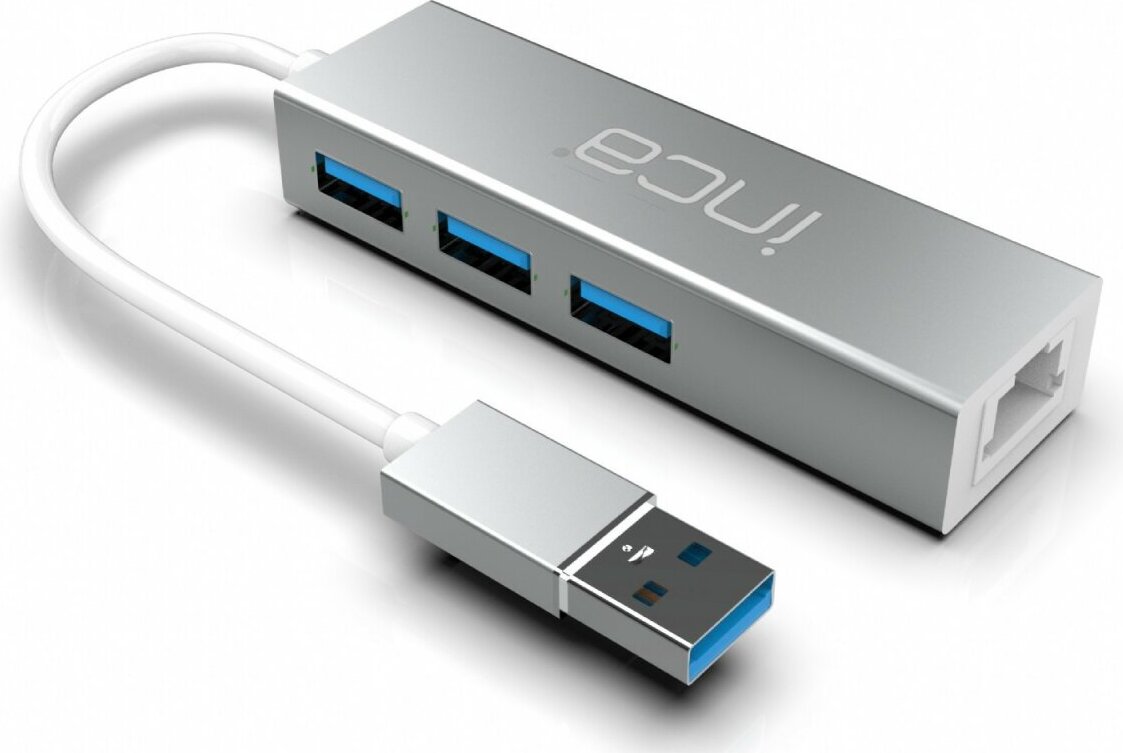 INCA USB-Hub X4 USB 3.0 + Ethernet RJ45 USB-Multiport USB-Adapter Silver