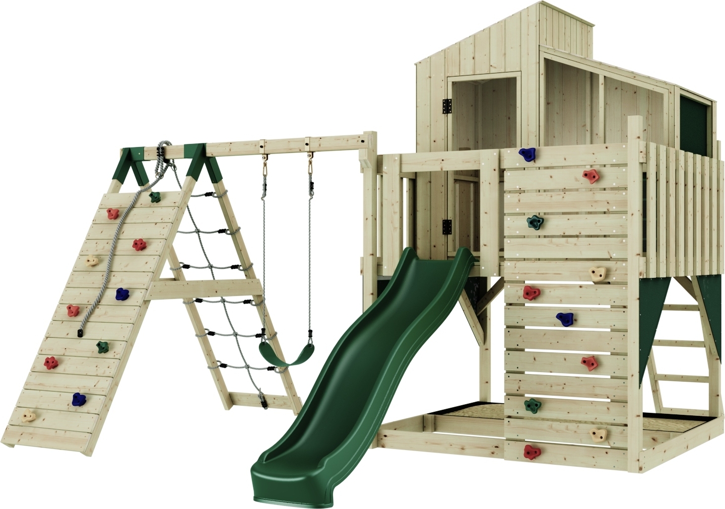 OutdoorToys Outdoor Spielturm mit Wellenrutsche, Spielhaus aus Holz mit Kinderschaukel, Kletterwand, Kletternetz, Ausführung: Kinderschaukel, Farbe: Smaragdgrün Kinderschaukel O4.5.00314.0