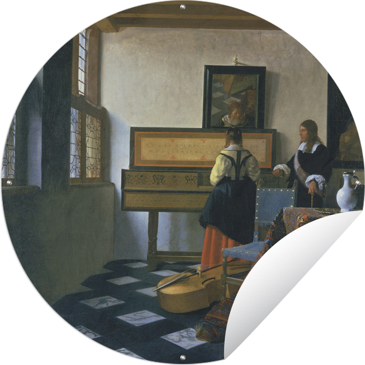 MuchoWow® Gartenposter Outdoor-Poster Rund Die Musikstunde - Johannes Vermeer Ø 120 cm Gartendeko Rundes Poster draußen 144|322750969
