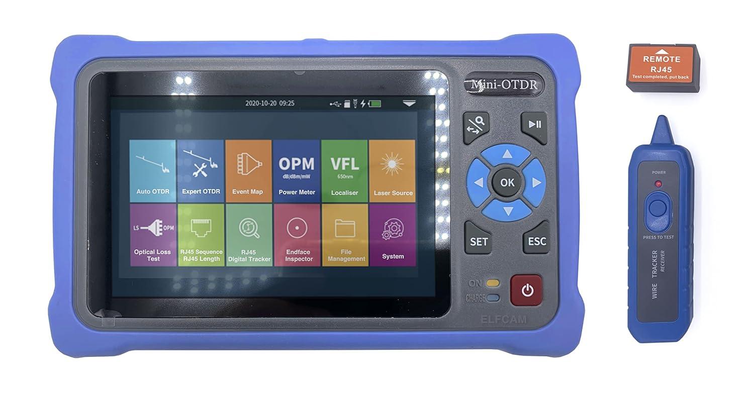Elfcam - OTDR für FTTH, 26 dB/24 dB Monomode 1310 nm / 1550 nm, tragbar 4 -in-1 OTDR + VFL + OPM + OLS, OTDR-Faseroptik-Tester/Optisches Domänen-Reflektometer, bis zu 100 km (ELF-5800)