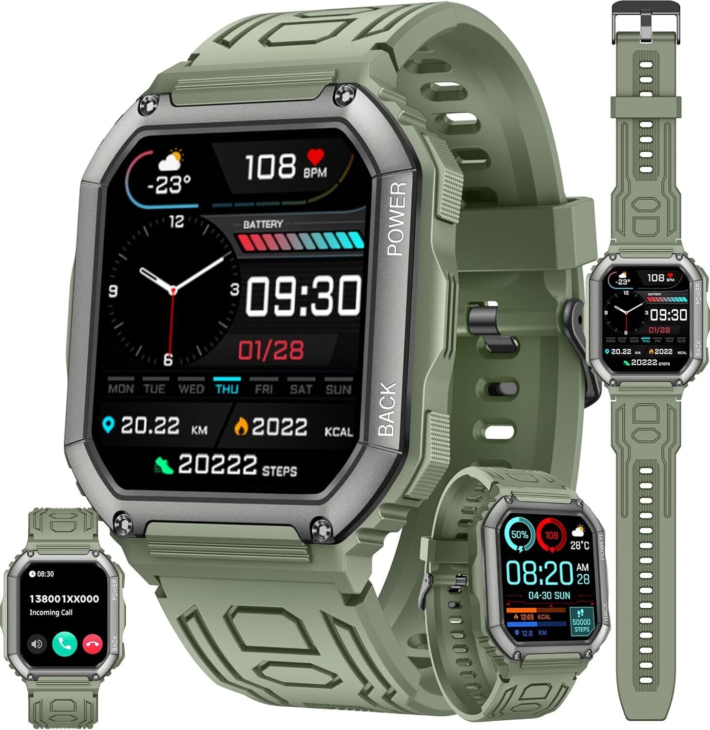 ZPIMY Herren Smartwatch mit Telefonfunktion, AMOLED 5ATM wasserdichte Fitness Taschenlampe Schrittzähler, Herzfrequenz, SpO2, Sportuhr, Aktivitätstracker