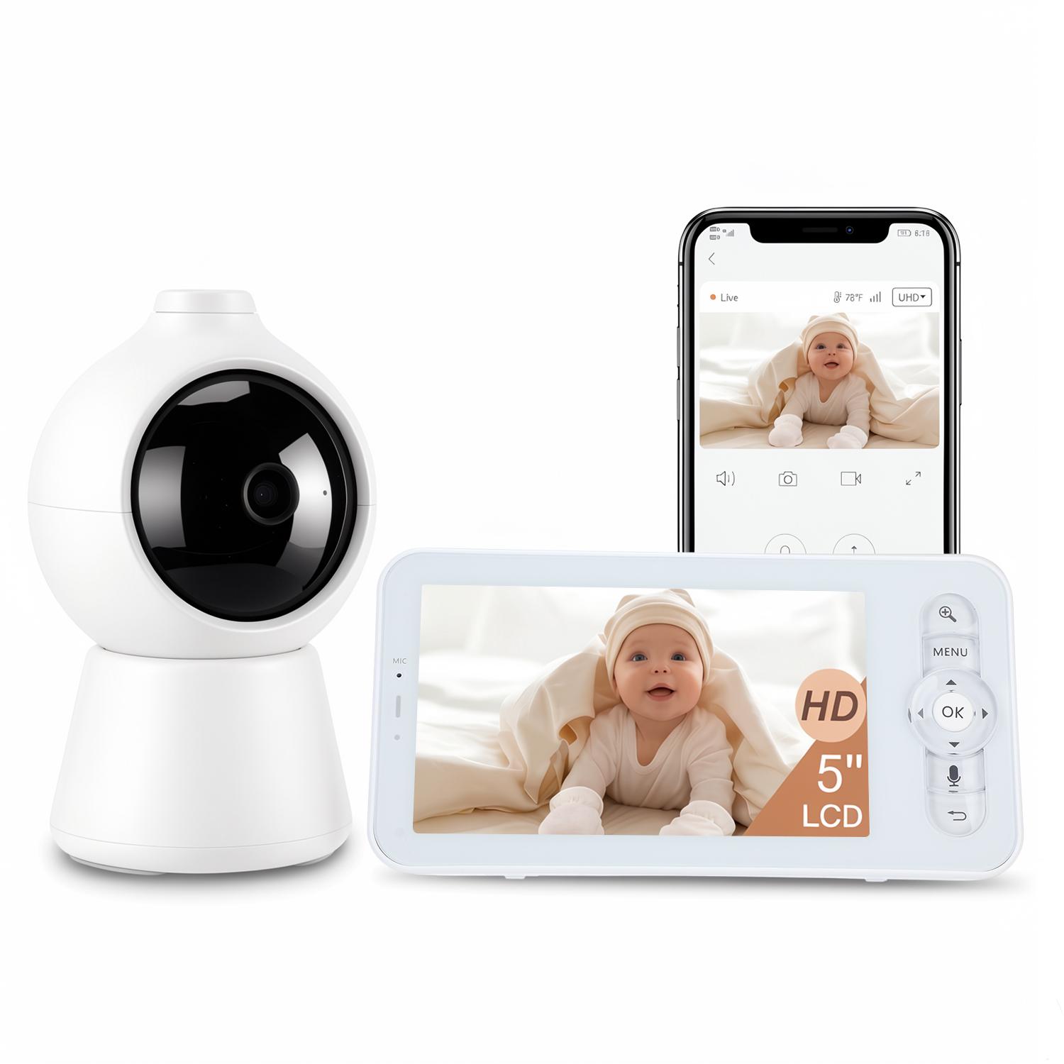 OYAJIA Babyphone mit Kamera , App 5 Zoll WLAN Video-Babyfon mit PTZ 90-110°, automatischer Verfolgung, Nachtsicht, Bewegungserkennung, Weinerkennung