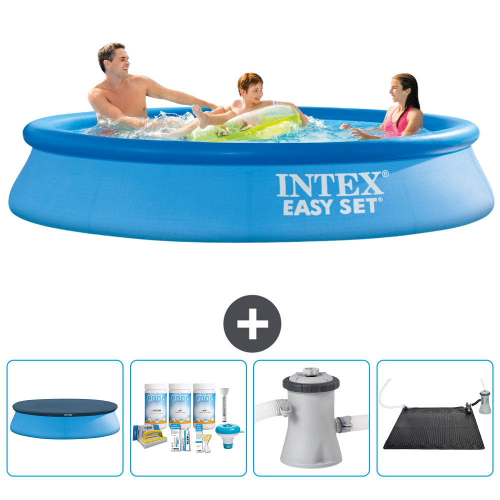 Okrúhly nafukovací bazén Intex Easy Set - 305 x 61 cm - modrý - obsahuje kryt - balík na údržbu - filtračné čerpadlo pre bazén - solárna podložka