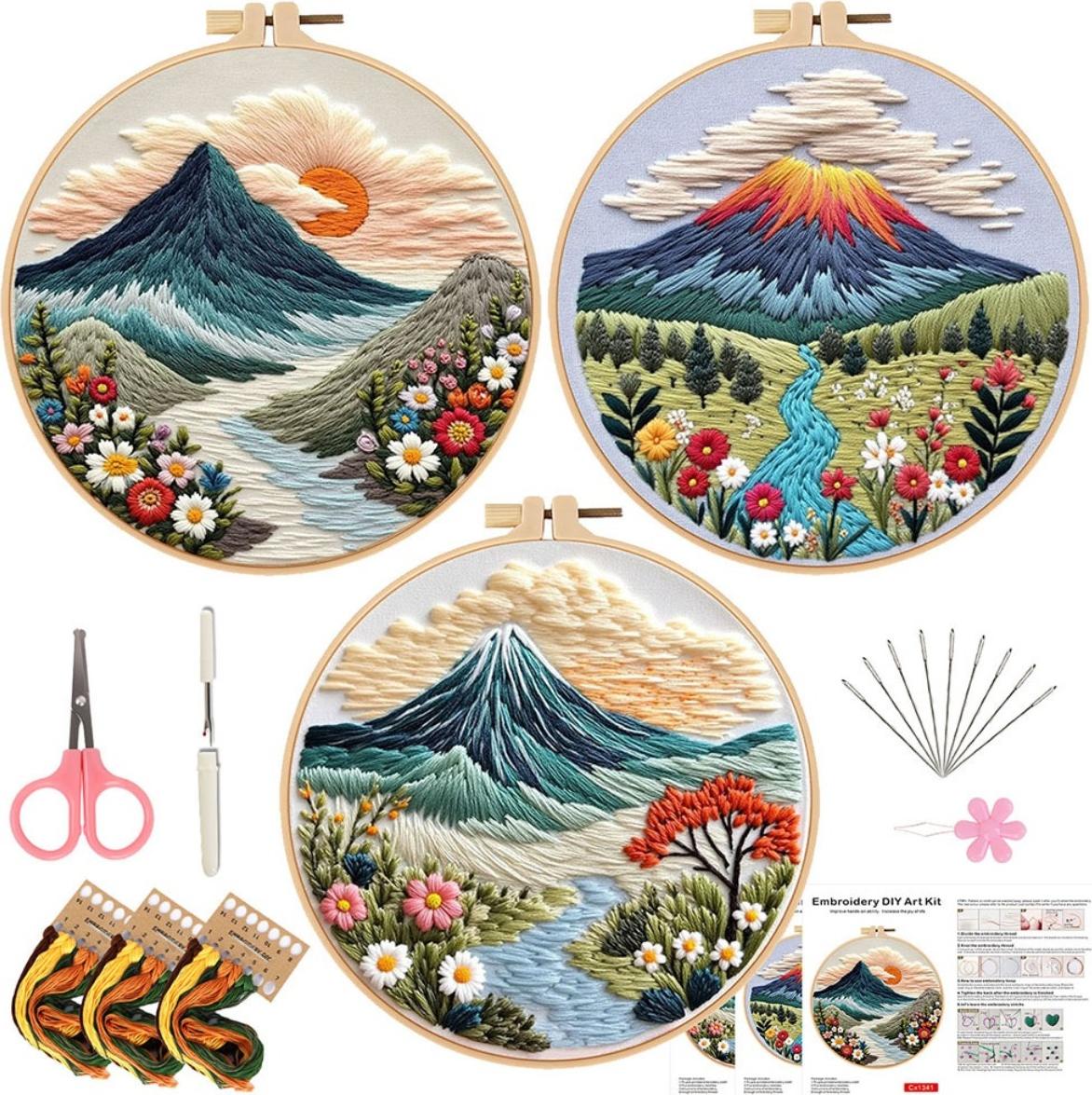 INF DIY Handstickerei Set - 3 Sets Blumen-Bergmuster, Stickrahmen, Werkzeuge 410484