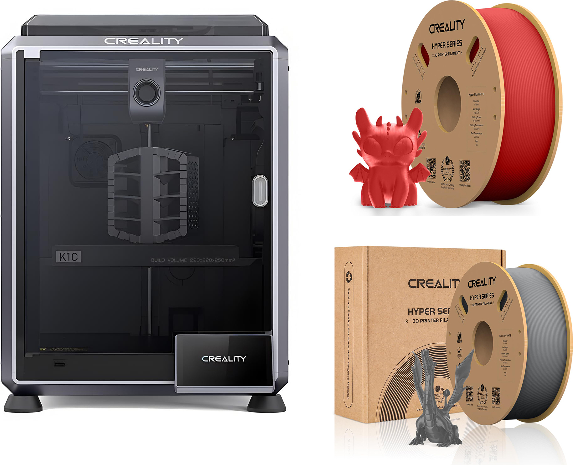 CREALITY 3D Creality K1C 3D Drucker, mit 2kg Creality Hyper PLA Filament--(Grau+Rot)
