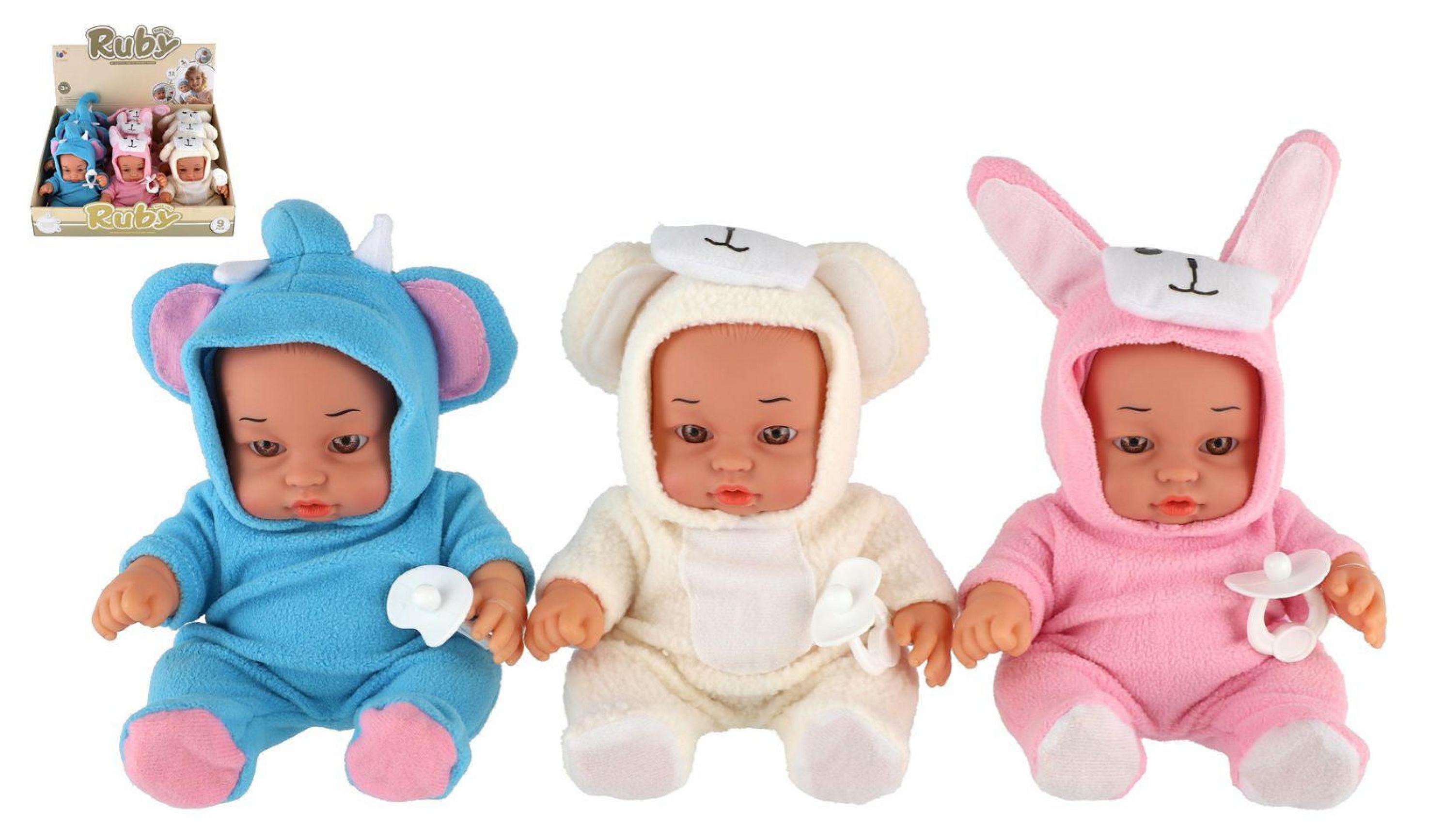 Teddies Baby in Strampler, festes Körperchen, 25 cm, batteriebetrieben, mit Geräuschen, 3 Farben, 9 Stück im Karton 00800818