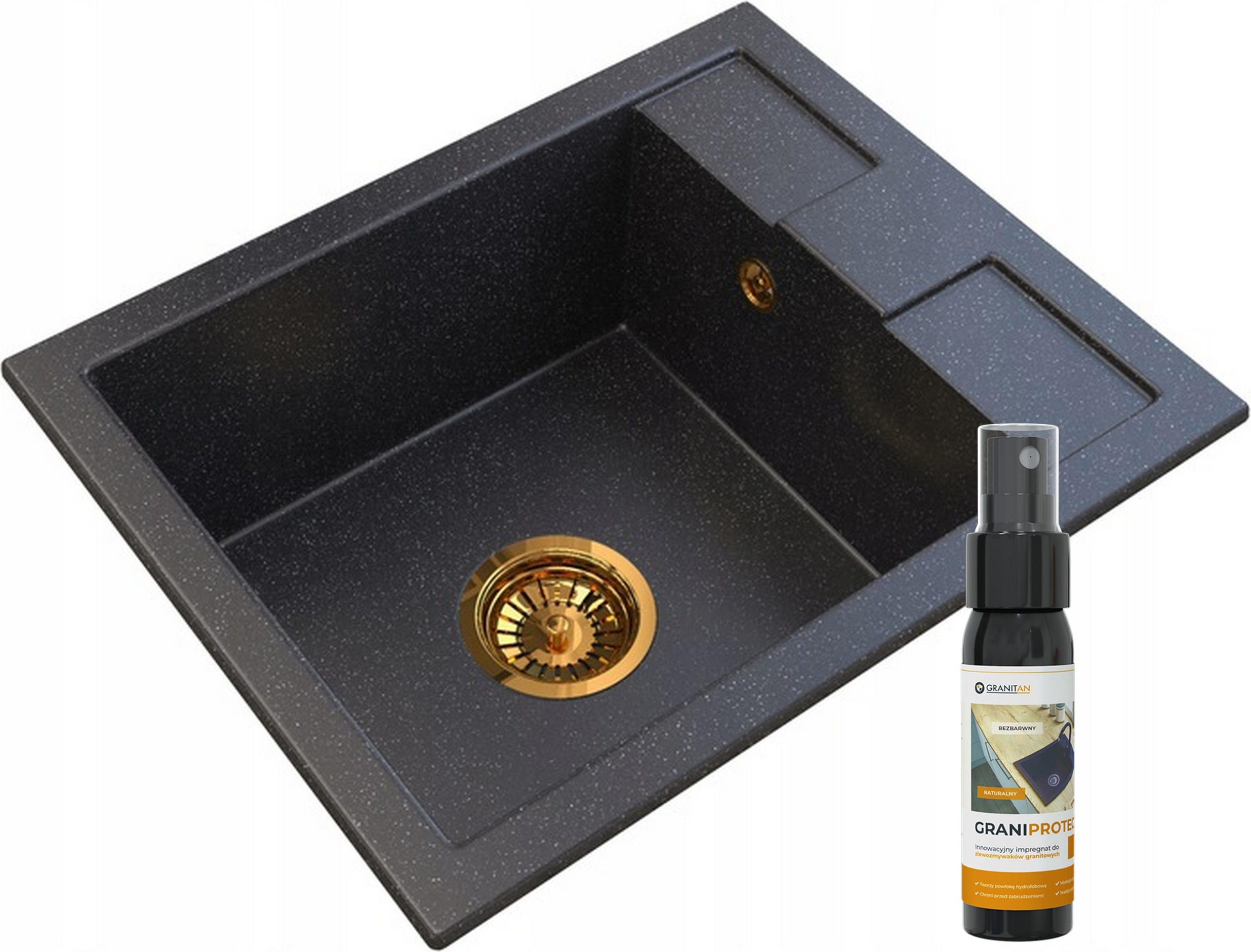 Granitan | Granit Spüle BEST - 500 x 400 mm - Schwarz - Inklusive Gold Syphon und Pflegeprodukt