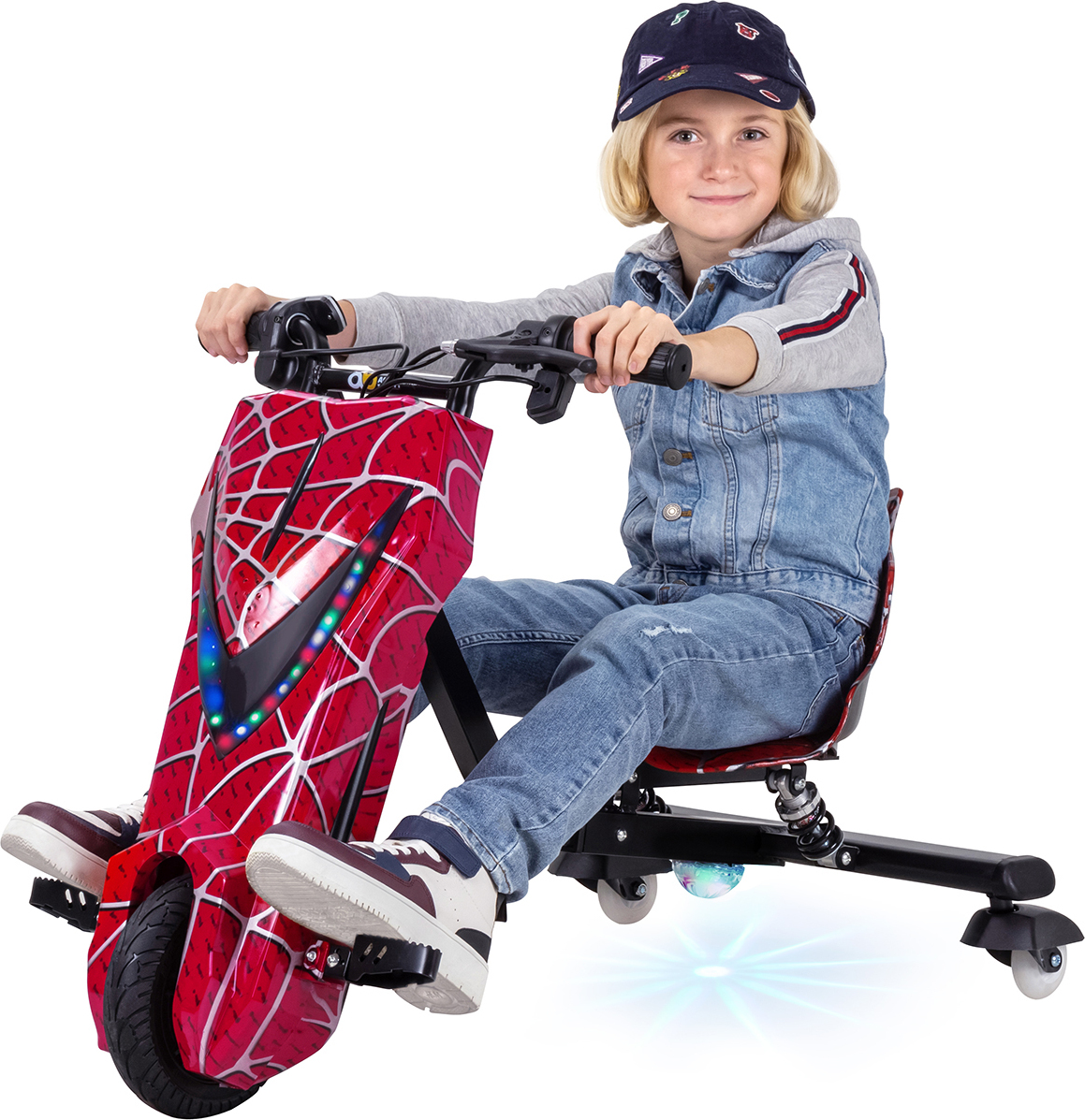 Kinder Elektro Drift Trike | Drift Scooter - Bis zu 15km/h - LED Driftrollen 360° - Hupe - Drosselbar (Rot)