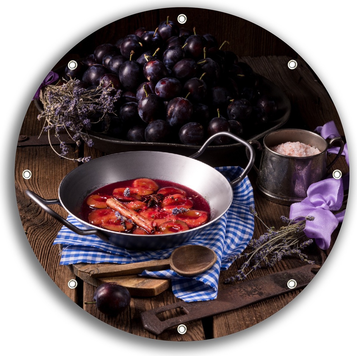 Wallario rundes Outdoor-Poster für Garten oder Balkon, Motiv Frisches Pflaumenkompott mit Gewüzen, 30 cm Durchmesser ruban5325-3030