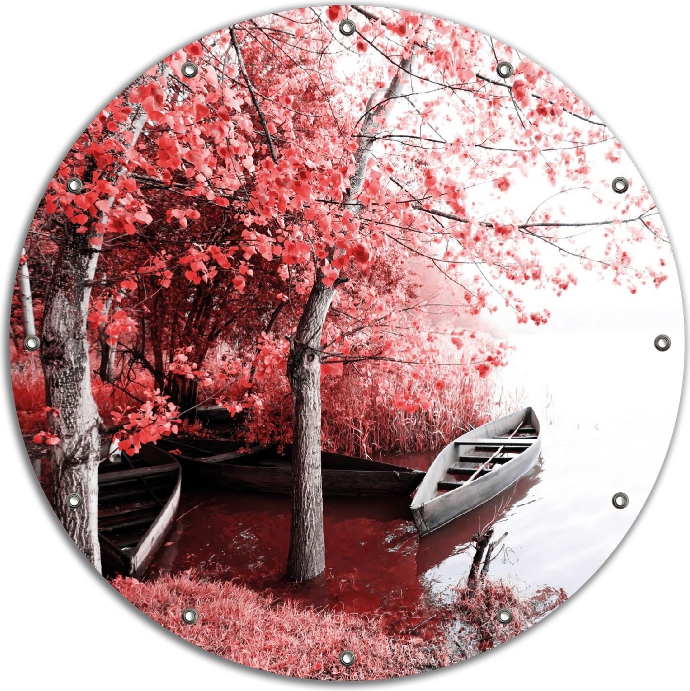 Wallario rundes Outdoor-Poster für Garten oder Balkon, Motiv Romantische Bootsanlegestelle in rot-weiß, 90 cm Durchmesser ruban0080-9090