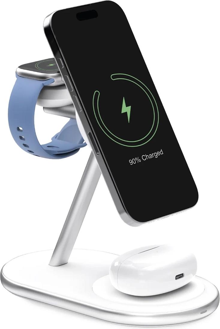 Bezdrôtová nabíjačka 3 v 1 Puro Mag Station Qi2 kompatibilná s Magsafe - biela
