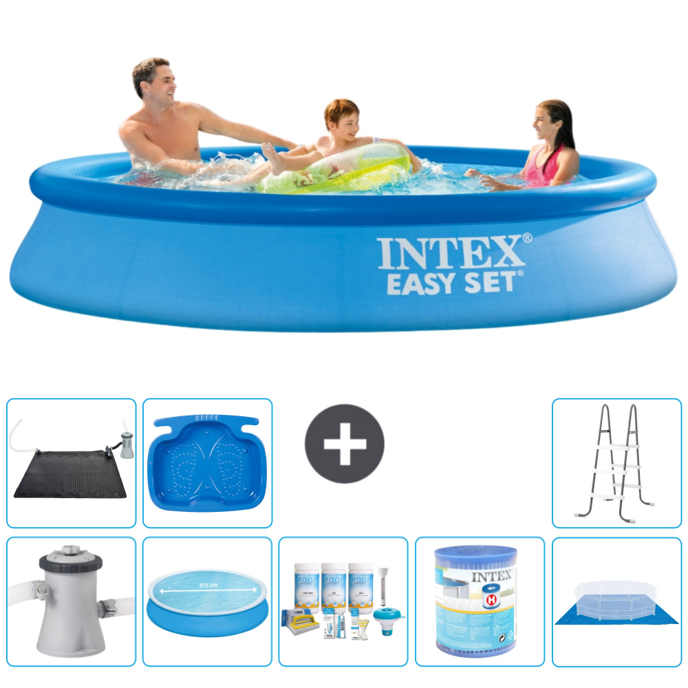 Okrúhly nafukovací bazén Intex Easy Set - 305 x 61 cm - modrý - vrátane markízy s čerpadlom - balík na údržbu - filter - podložka - solárna rohož - rebrík