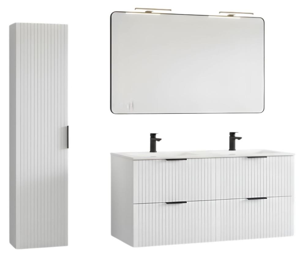 Meublorama NOXERA Badezimmer-Set 120 cm – Schwebendes alpinweißes Waschbeckenunterschrank mit Doppelwaschbecken, LED-Spiegel und co