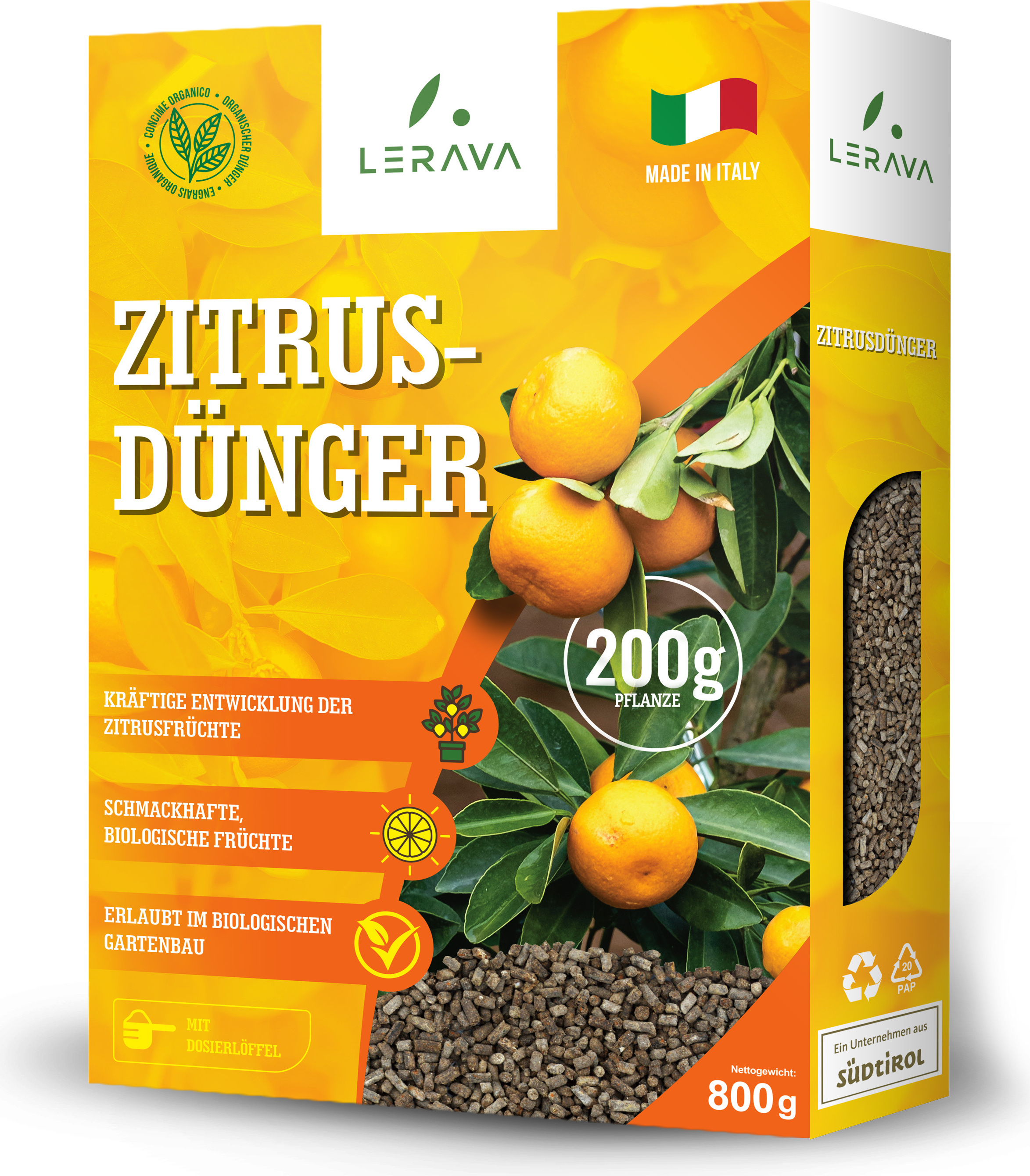 LERAVA® Zitrusdünger - 800g - Kräftiges Wachstum, schmackhafte biologische Früchte - Für Topf und Garten - 100% Italy