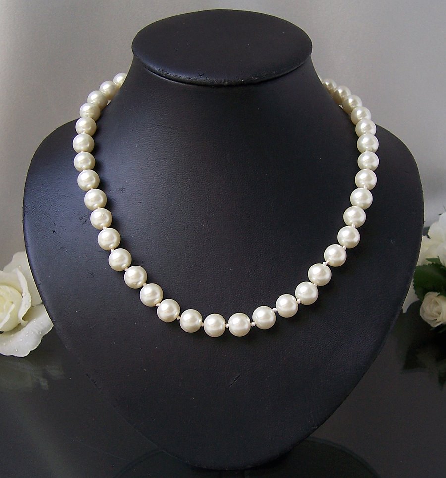 Perlencollier Kette Halskette 46cm Collier Perlen creamweiß Herz Strass K77732 