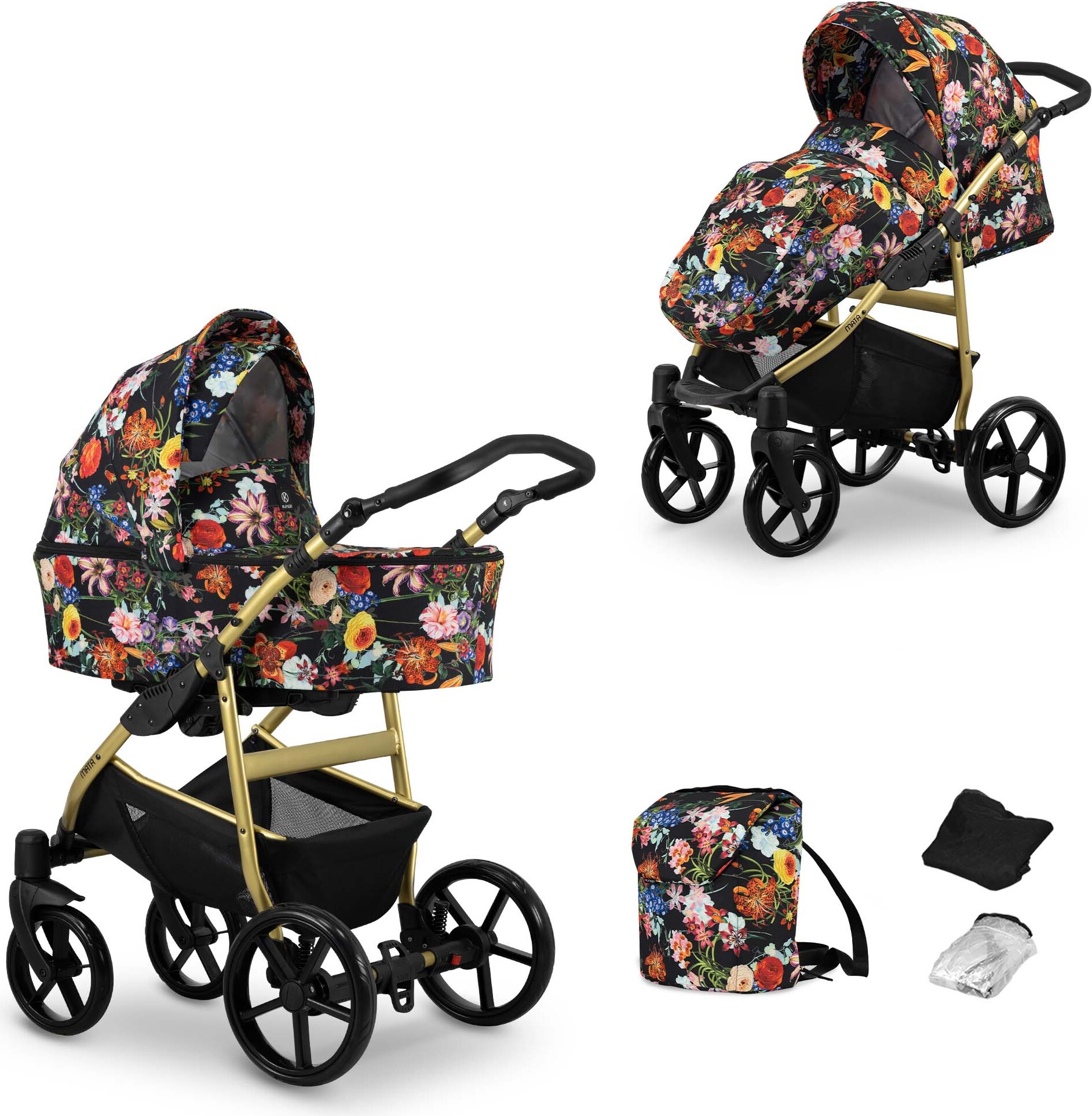 Kinderwagen MATA Sportwagen Babywagen Babyschale Komplettset Kinder Wagen Set 2 in 1 (blumen, Rahmenfarbe: Gold)