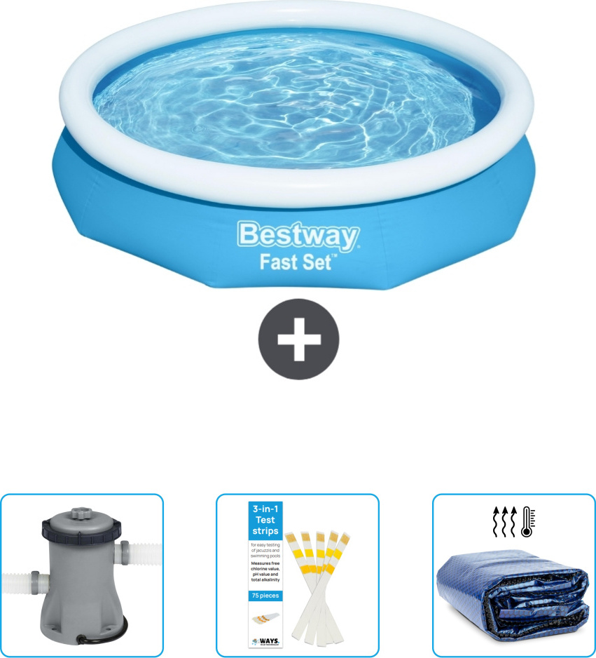 Bestway okrúhly nafukovací bazén Fast-Set - 305 x 66 cm - modrý - obsahuje pumpu - testovacie prúžky - slnečnú plachtu
