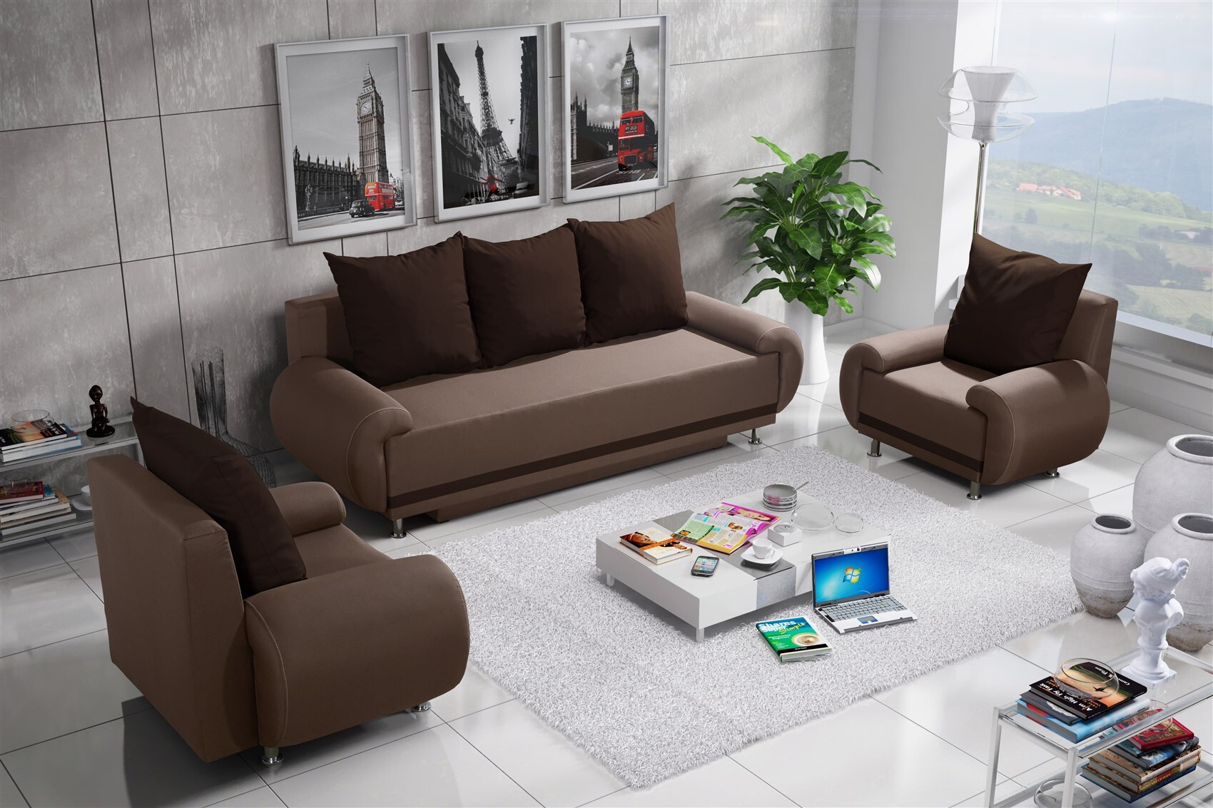 Fun Moebel Sofa Set MIKA 3-1-1 Sofagarnitur in Polyesterstoff Sand / Braun